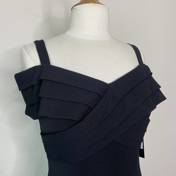 Badgley Mischka Off the Shoulder Criss Cross Chest Black Dress NWT 8 - Picture 2 of 13
